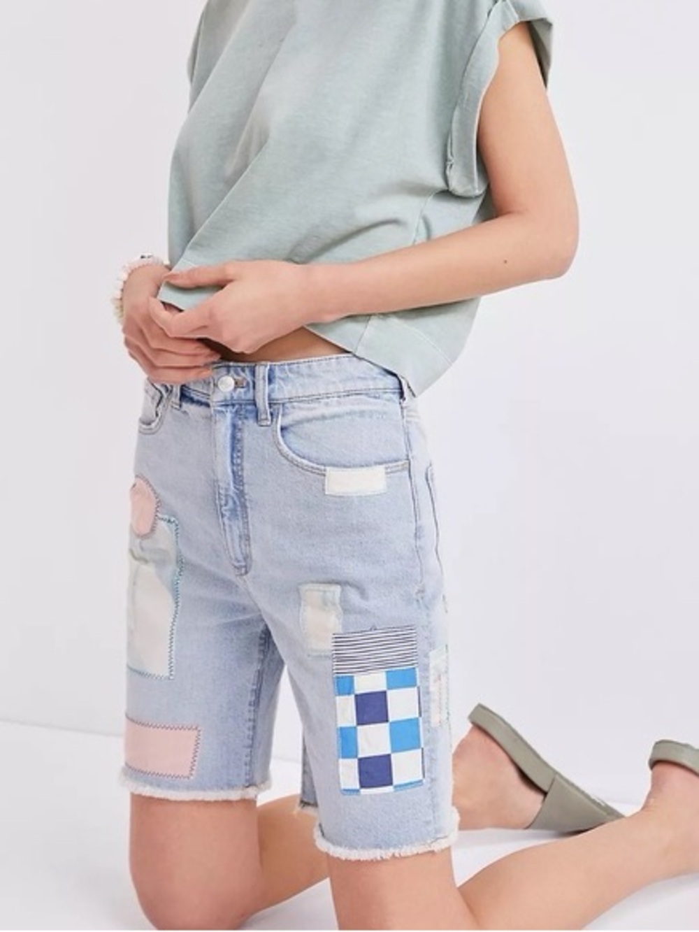 Anthropologie Pilcro High-Rise Patchwork Bermuda Shorts — Light Wash
